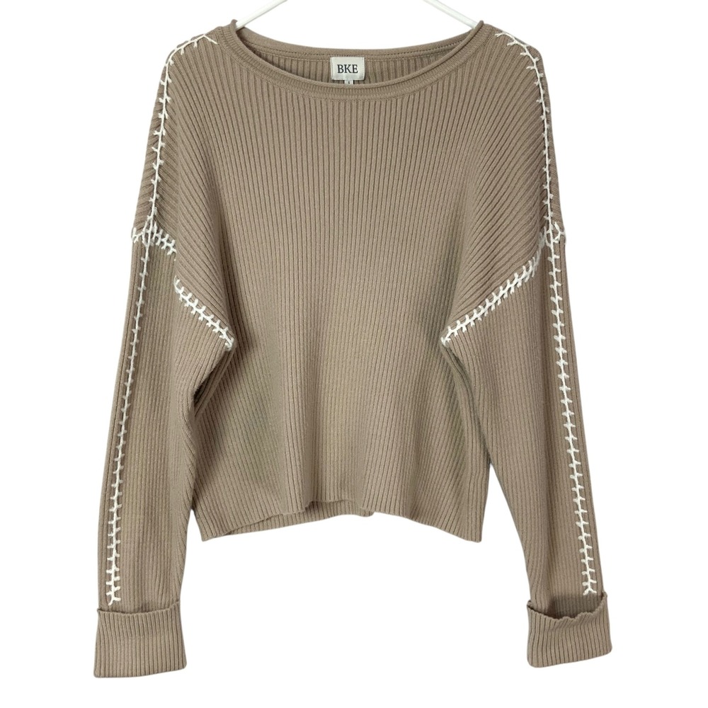 BKE Tan Ribbed Knit Sweater S Pullover Scoop Neck Long Sleeve Whipstitch Detail